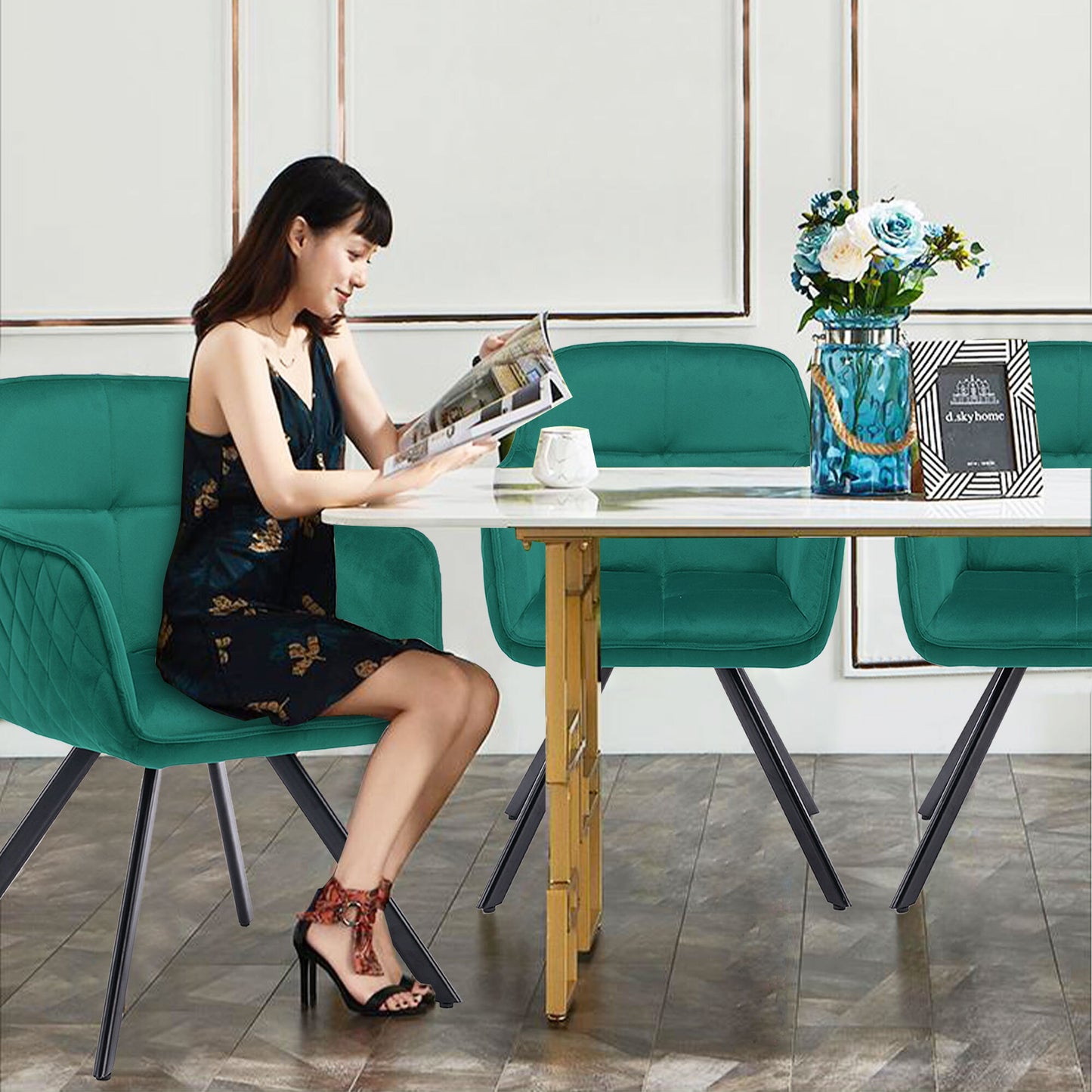 Tufted Green And Black Velvet and Metal Dining Arm Chair - Galactic capuchin