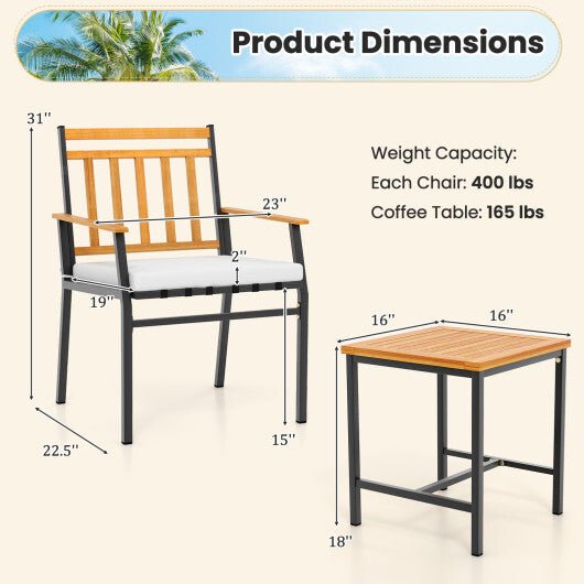 3 Pieces Outdoor Furniture Set Acacia Wood Patio Conversation Set with Cushions - White - Color: White - Galactic capuchin
