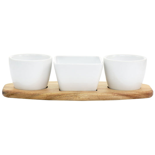 Gibson Elite Gracious Dining 4 Piece Fine Ceramic Tidbit Dish Set with Acacia Wood Base - Galactic capuchin