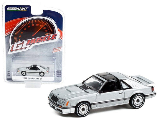 1982 Ford Mustang GT 5.0 Silver Metallic with Black Stripes "Greenlight Muscle" Series 26 1/64 Diecast Model Car by Greenlight - Galactic capuchin