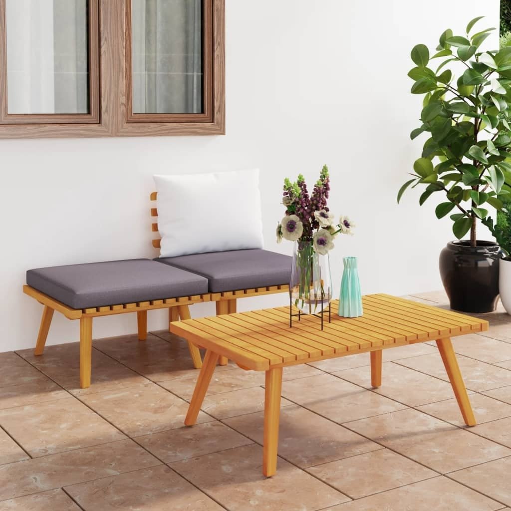 3 Piece Patio Lounge Set with Cushions Solid Acacia Wood - Galactic capuchin