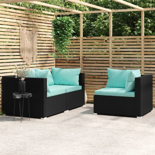 3 Piece Patio Lounge Set with Cushions Black Poly Rattan - Galactic capuchin