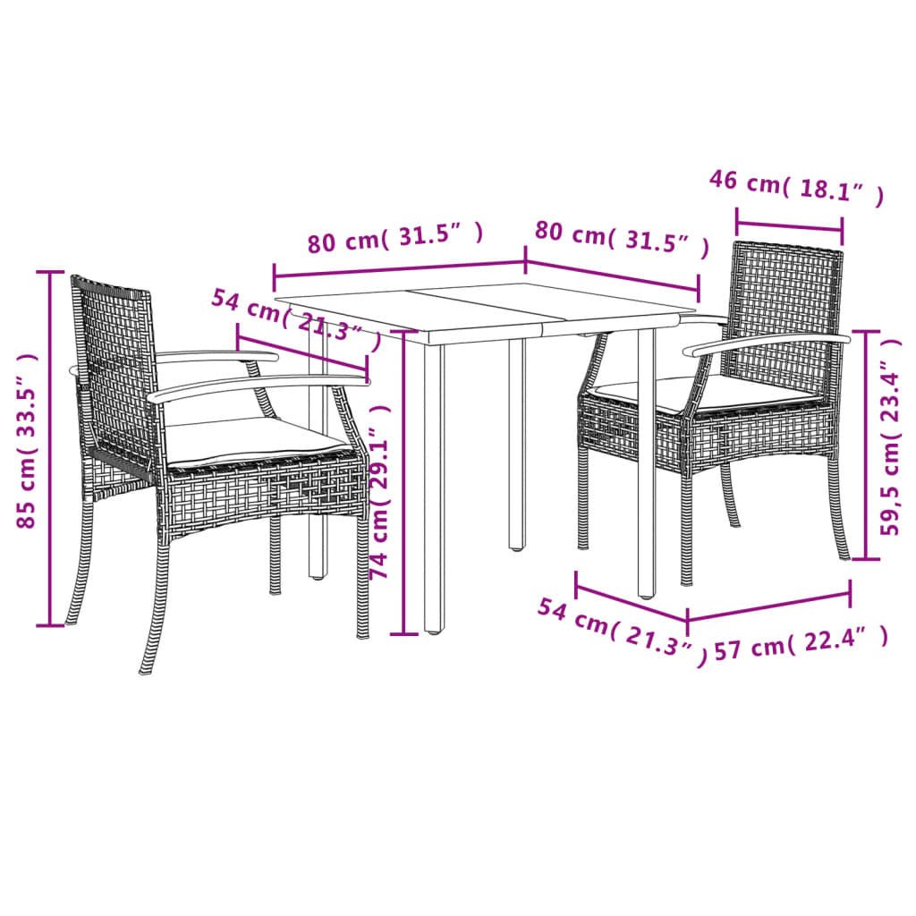 Garden Dining Set Black PE rattan 3 Piece Set Removable Covers - Galactic capuchin