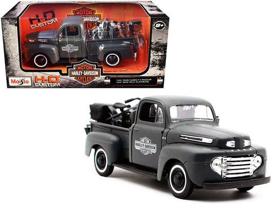 1948 Ford F - 1 Pickup Truck and 1942 Harley - Davidson WLA Flathead Motorcycle Matt Dark Gray "Harley - Davidson Custom" 1/24 Diecast Models by Maisto - Galactic capuchin