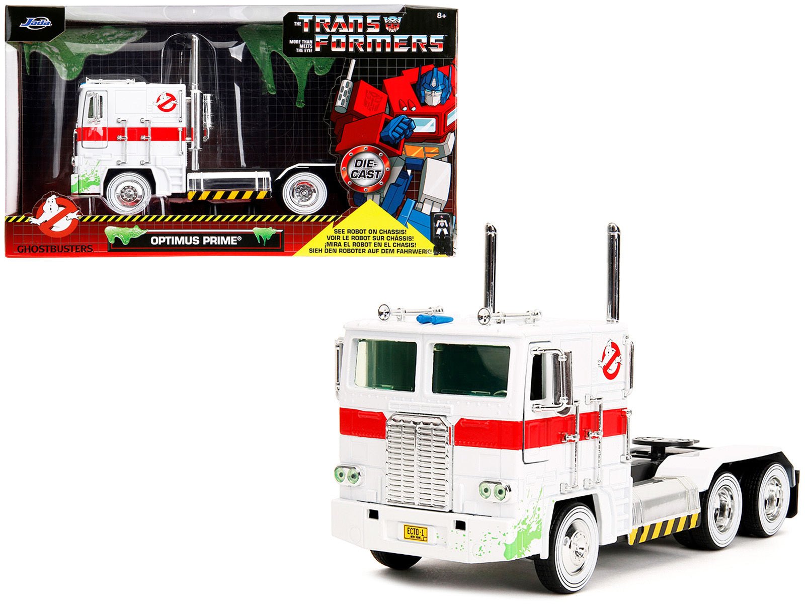 G1 Autobot Optimus Prime Truck White with Robot on Chassis from "Transformers" TV Series - "Ghostbusters" (1984) Movie Crossover "Hollywood Rides" Series 1/24 Diecast Model by Jada - Galactic capuchin