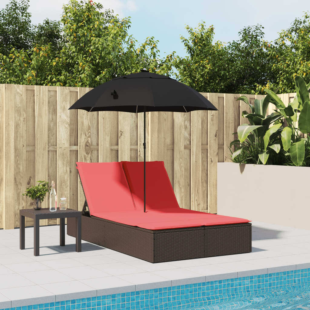 Double Sun Lounger with Cushions&Parasol Brown Poly Rattan - Galactic capuchin