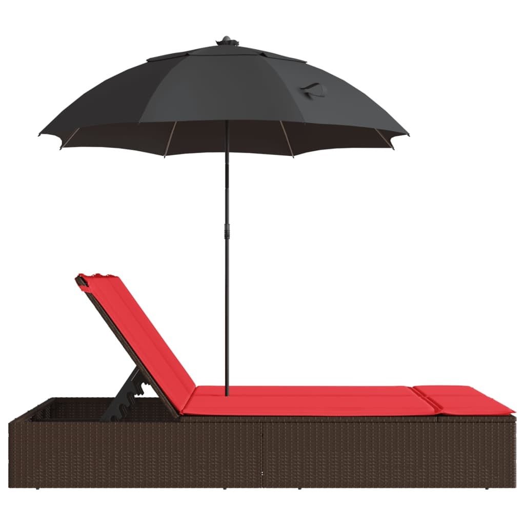 Double Sun Lounger with Cushions&Parasol Brown Poly Rattan - Galactic capuchin