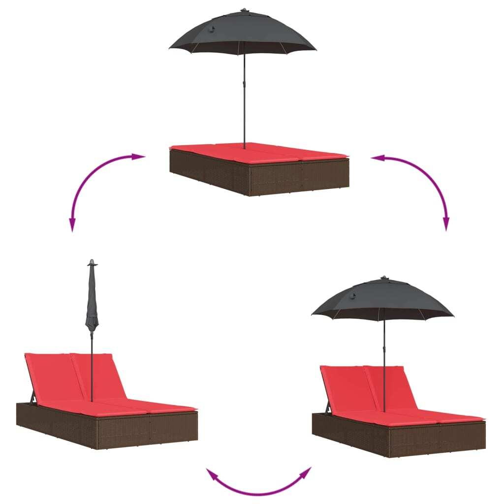 Double Sun Lounger with Cushions&Parasol Brown Poly Rattan - Galactic capuchin