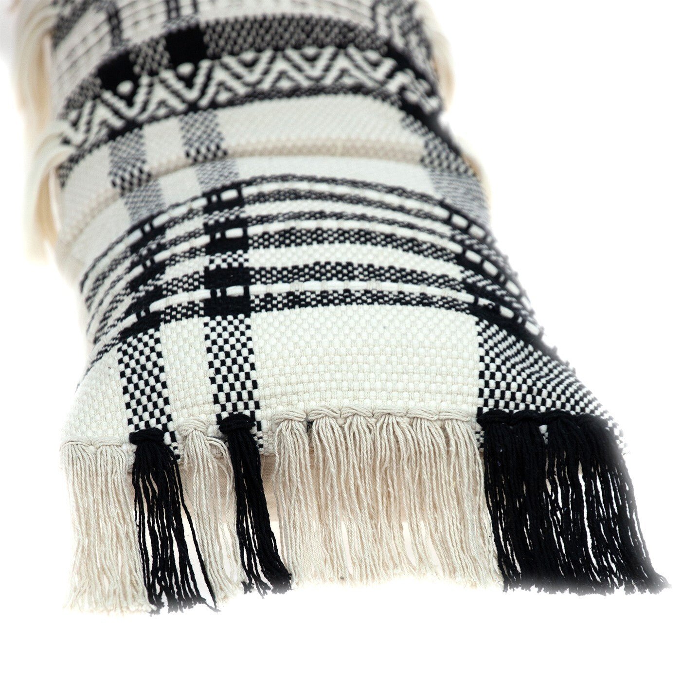 12" X 35" Black and White Plaid Cotton Lumbar Throw Pillow With Fringe - Galactic capuchin