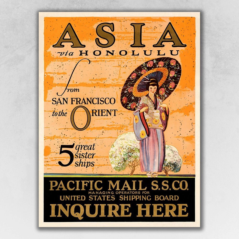 Asia via Honolulu Vintage Travel Unframed Print Wall Art - Galactic capuchin