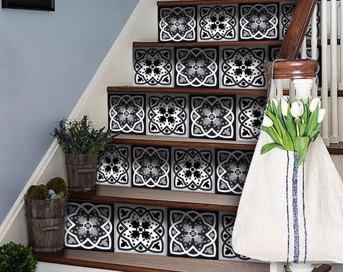 6" X 6" Black White And Gray Baz Peel And Stick Removable Tiles - Galactic capuchin
