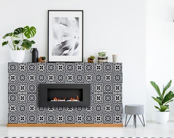 8" X 8" Black White And Gray Baz Peel And Stick Removable Tiles - Galactic capuchin