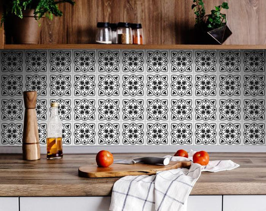 4" X 4" Charcoal And White Scroll Peel And Stick Removable Tiles - Galactic capuchin