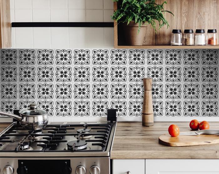 4" X 4" Charcoal And White Scroll Peel And Stick Removable Tiles - Galactic capuchin