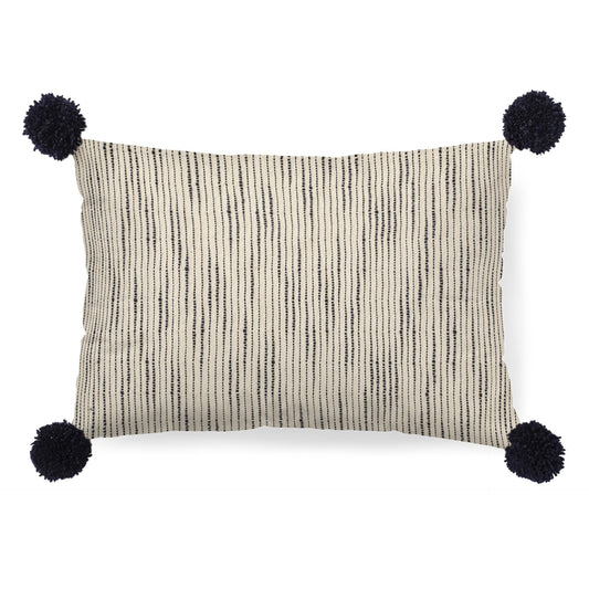Beige And Midnight Pom Pom Lumbar Accent Pillow Cover - Galactic capuchin