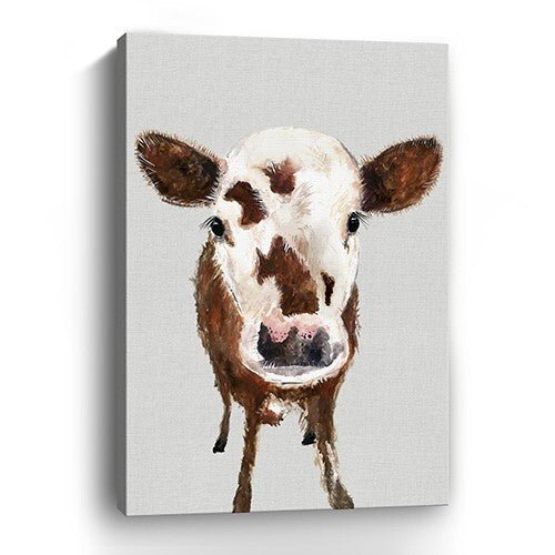 36" x 24" Brown and White Baby Cow Face Canvas Wall Art - Galactic capuchin