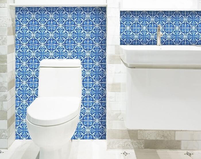 7" X 7" Blue and White Cross Peel And Stick Tiles - Galactic capuchin
