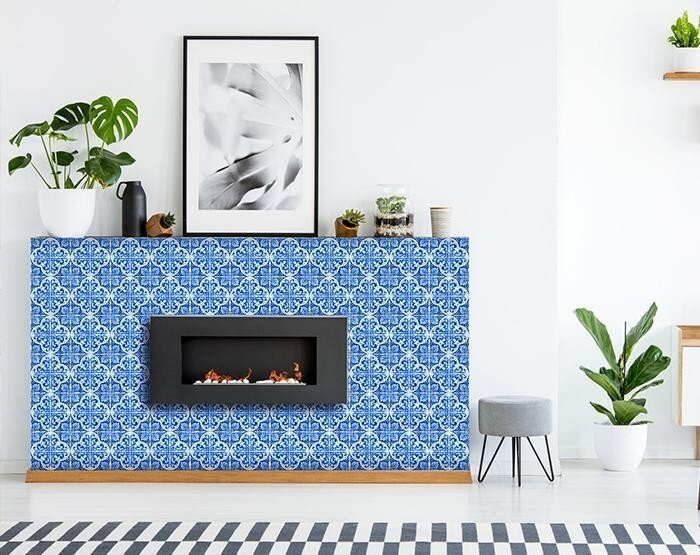 7" X 7" Blue and White Cross Peel And Stick Tiles - Galactic capuchin