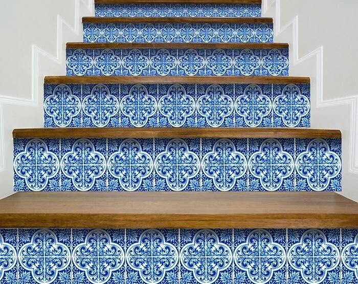 7" X 7" Blue and White Cross Peel And Stick Tiles - Galactic capuchin