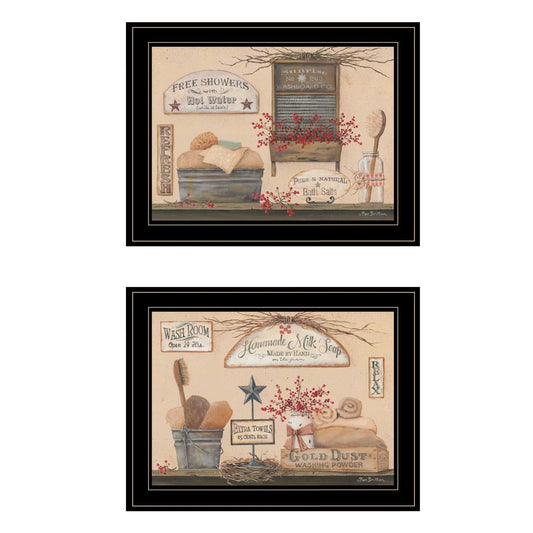 Set Of Two Wash Room 2 Black Framed Print Bathroom Wall Art - Galactic capuchin