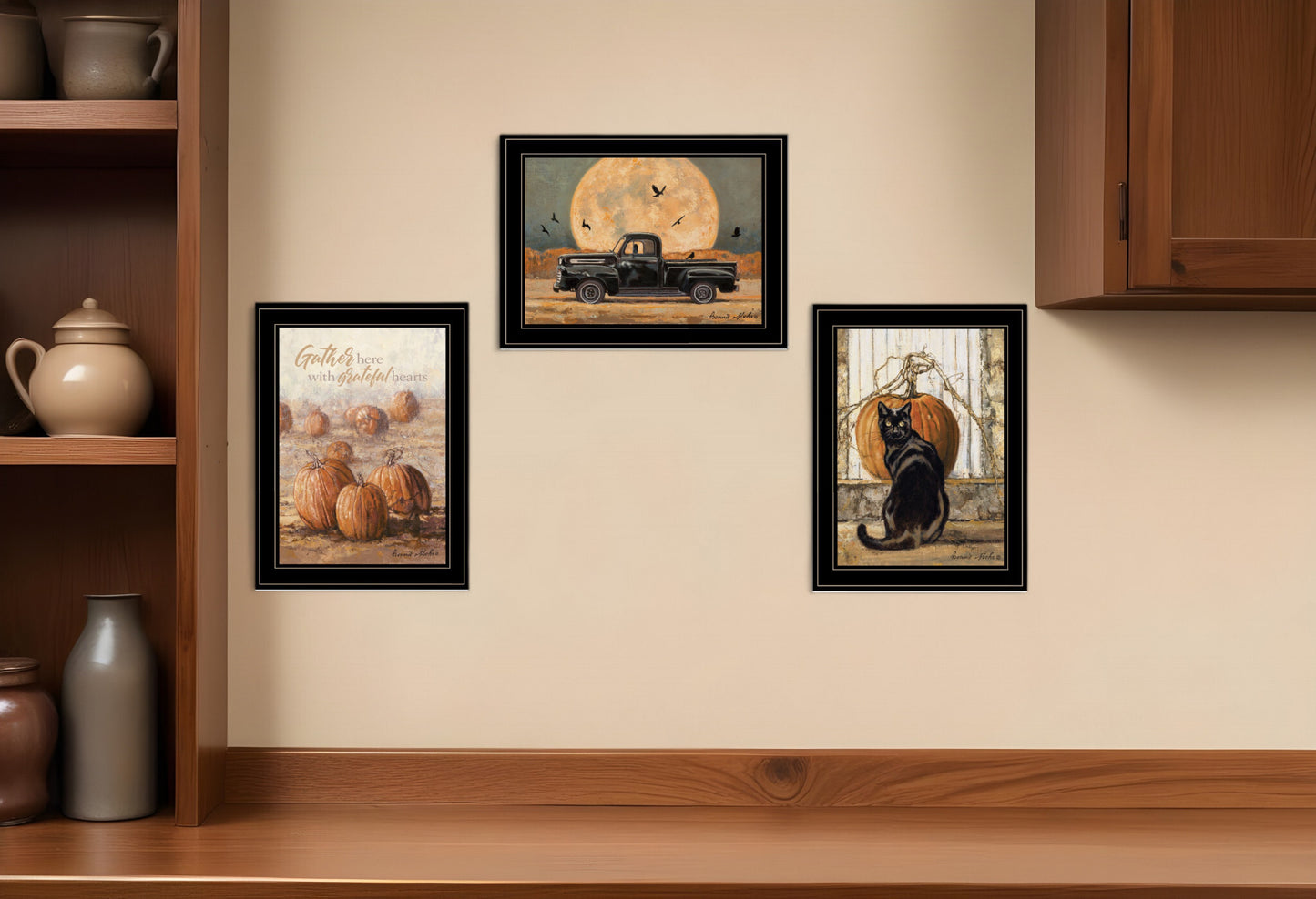 Set Of Three Harvest Moon Black Framed Print Kitchen Wall Art - Galactic capuchin