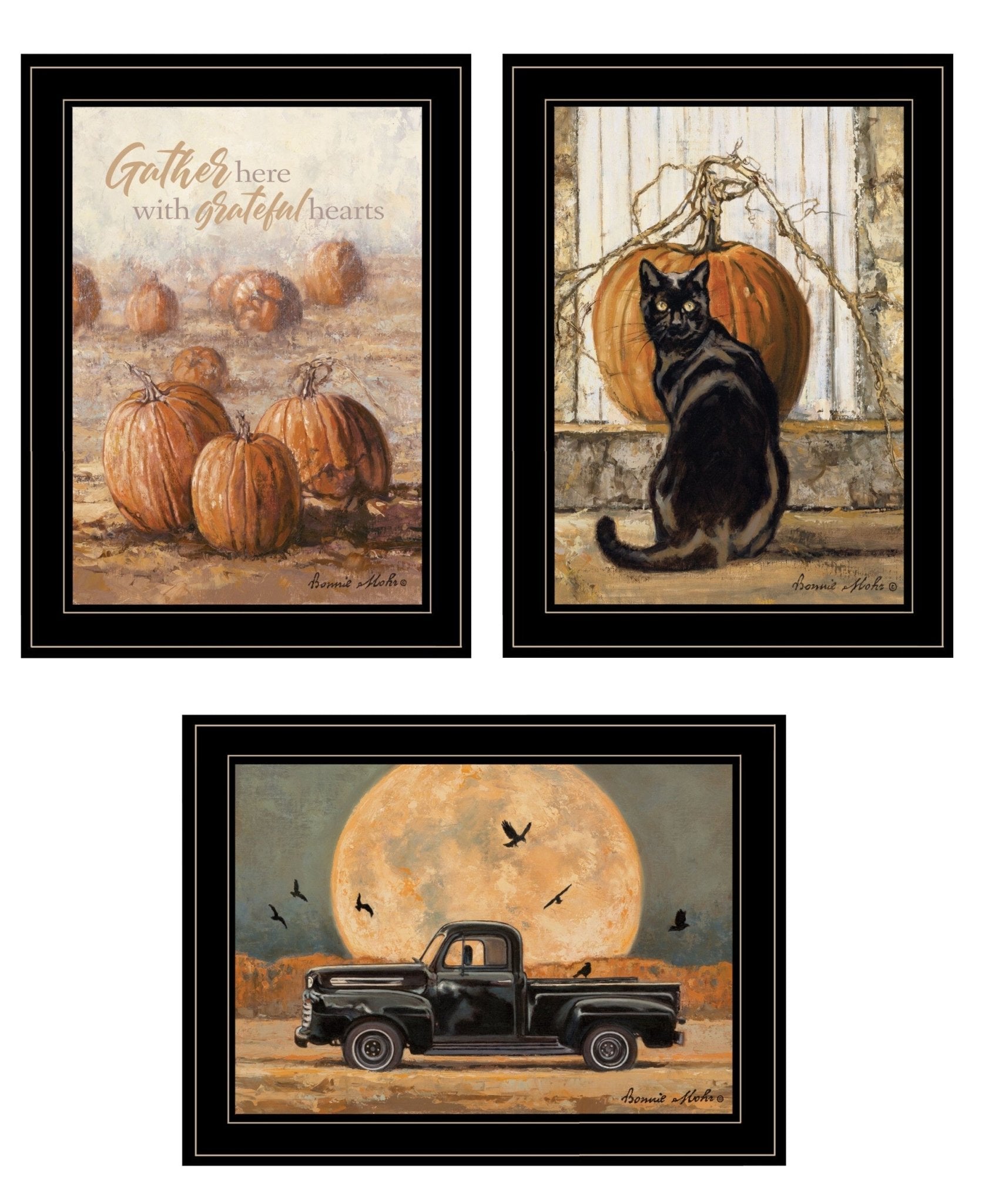 Set Of Three Harvest Moon Black Framed Print Kitchen Wall Art - Galactic capuchin