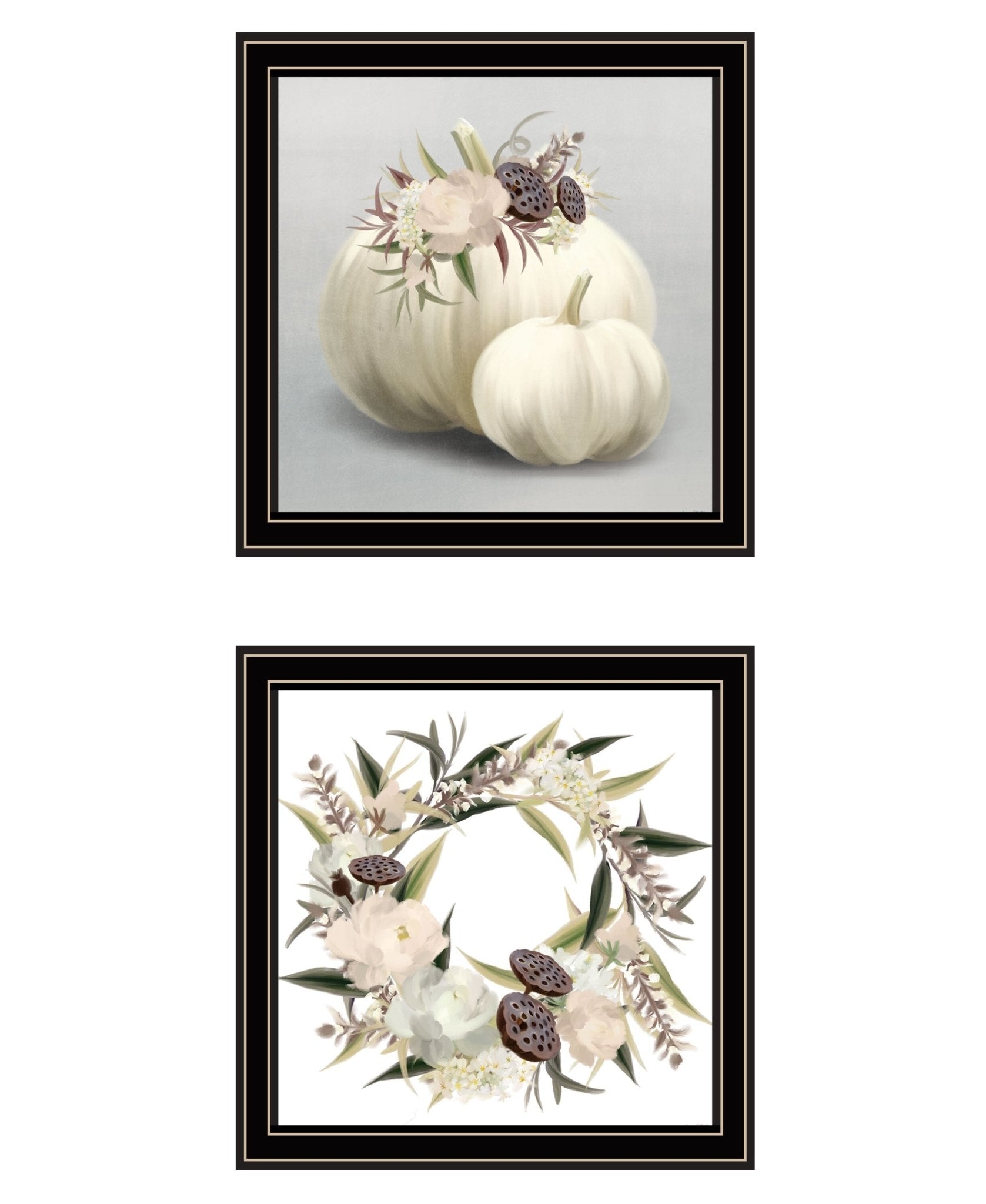 Set Of Two BOHO Pumpkins and Flowers 1 Black Framed Print Wall Art - Galactic capuchin