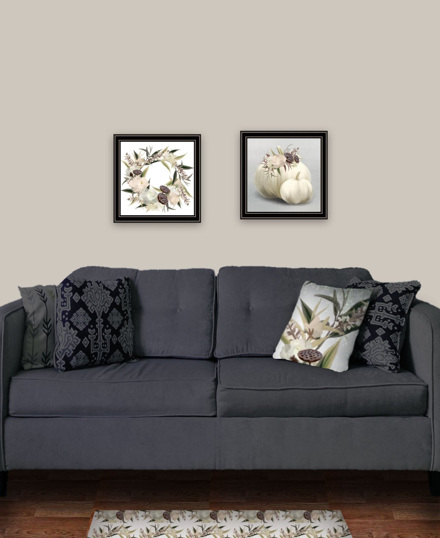Set Of Two BOHO Pumpkins and Flowers 1 Black Framed Print Wall Art - Galactic capuchin