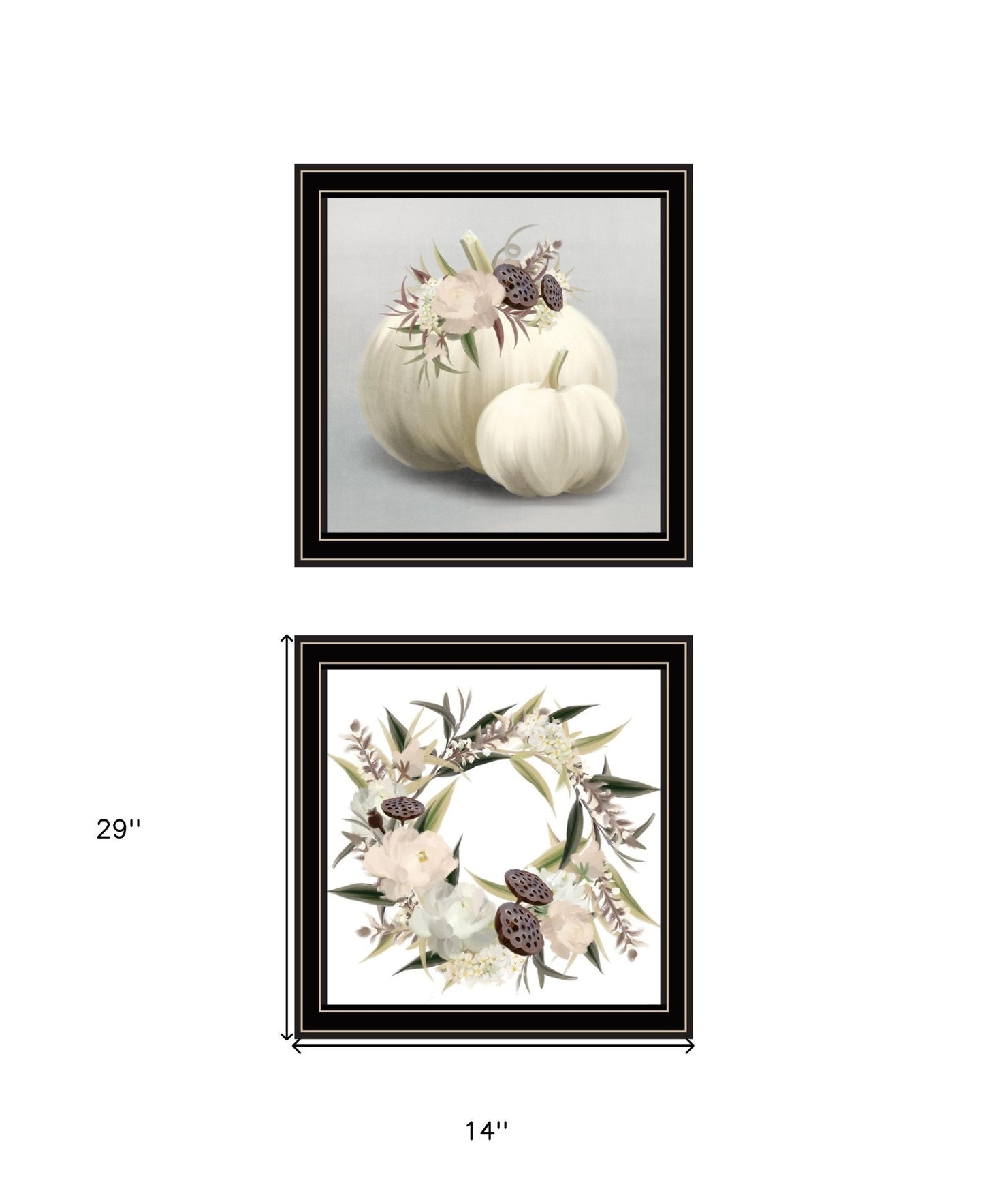 Set Of Two BOHO Pumpkins and Flowers 1 Black Framed Print Wall Art - Galactic capuchin