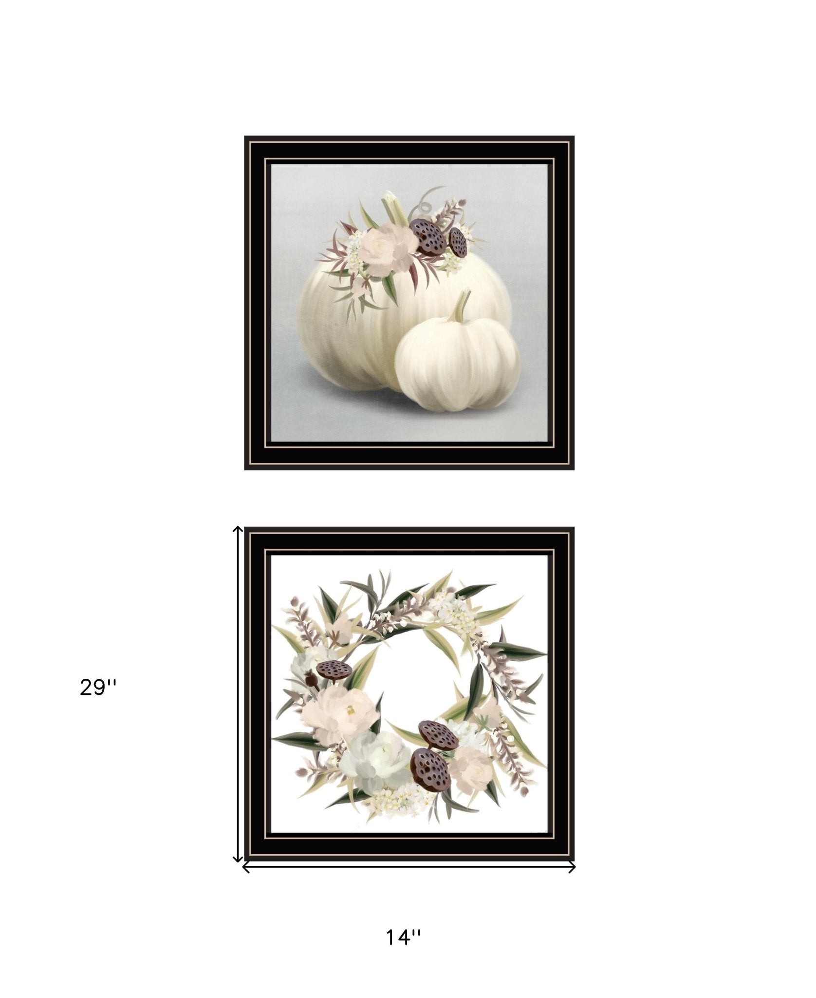 Set Of Two BOHO Pumpkins and Flowers 1 Black Framed Print Wall Art - Galactic capuchin