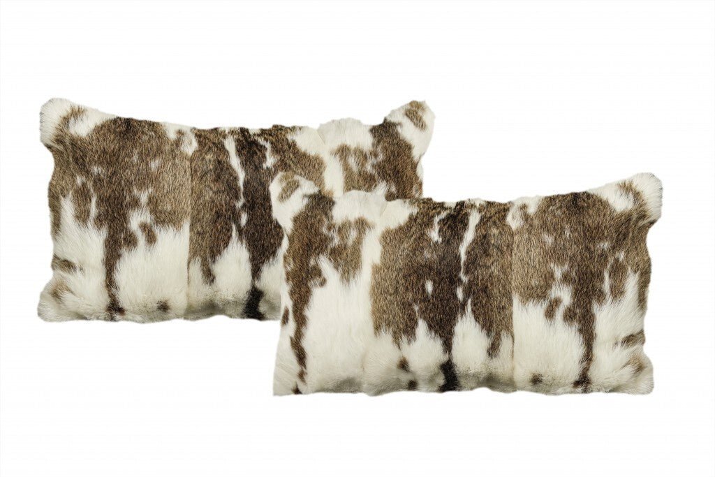 Set of Two 12" X 20" Brown and White Rabbit Natural Fur Throw Pillow - Galactic capuchin