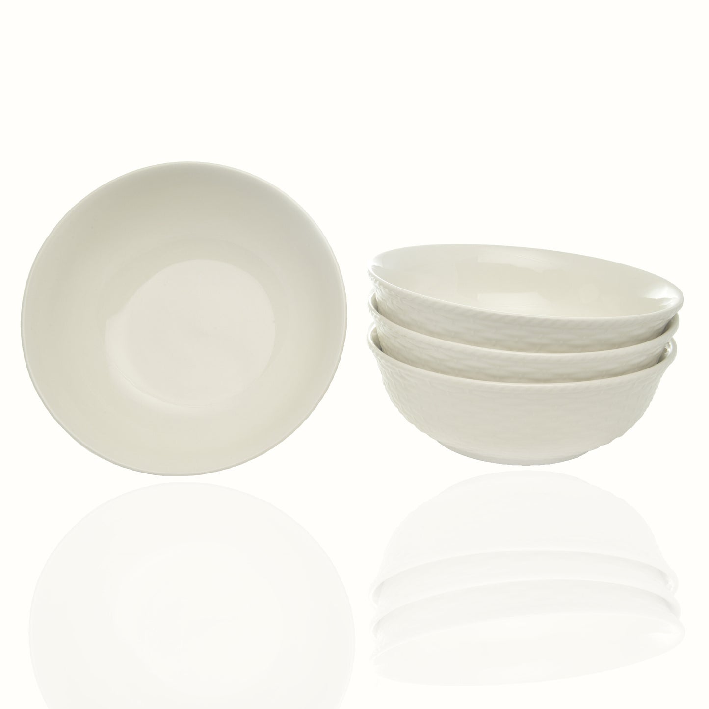 White Four Piece Round Weave Stoneware Service For Four Bowl Set - Galactic capuchin
