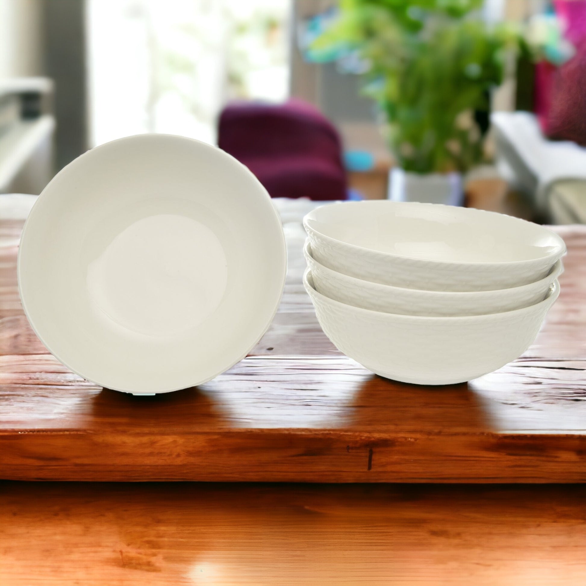 White Four Piece Round Weave Stoneware Service For Four Bowl Set - Galactic capuchin