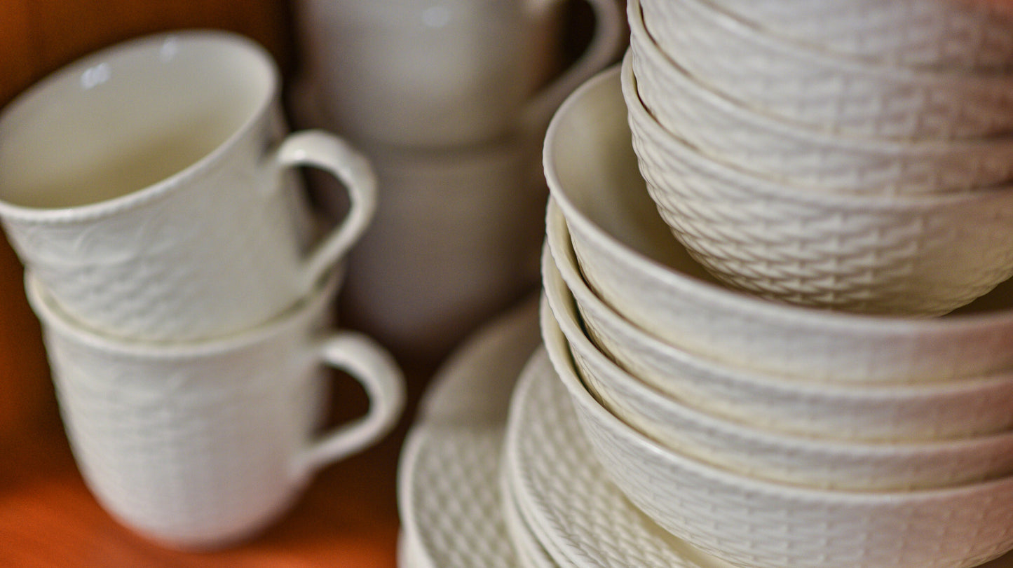 White Four Piece Round Weave Stoneware Service For Four Bowl Set - Galactic capuchin