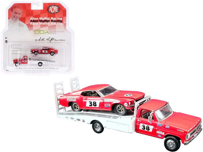 Ford F - 350 Ramp Truck 38 Red and White with 1969 Ford Mustang Trans Am 38 Red "Coca - Cola" Allan Moffat Racing "DDA Collectibles" Series "ACME Exclusive" 1/64 Diecast Model Cars by Greenlight for ACME - Galactic capuchin