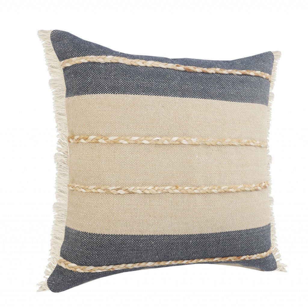 24" X 24" Denim Blue Tan And Taupe Jute Coastal Zippered Pillow - Galactic capuchin