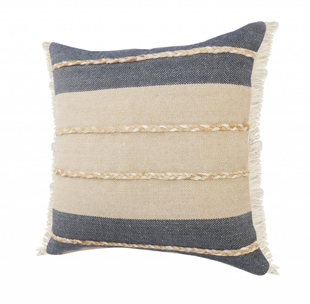 24" X 24" Denim Blue Tan And Taupe Jute Coastal Zippered Pillow - Galactic capuchin