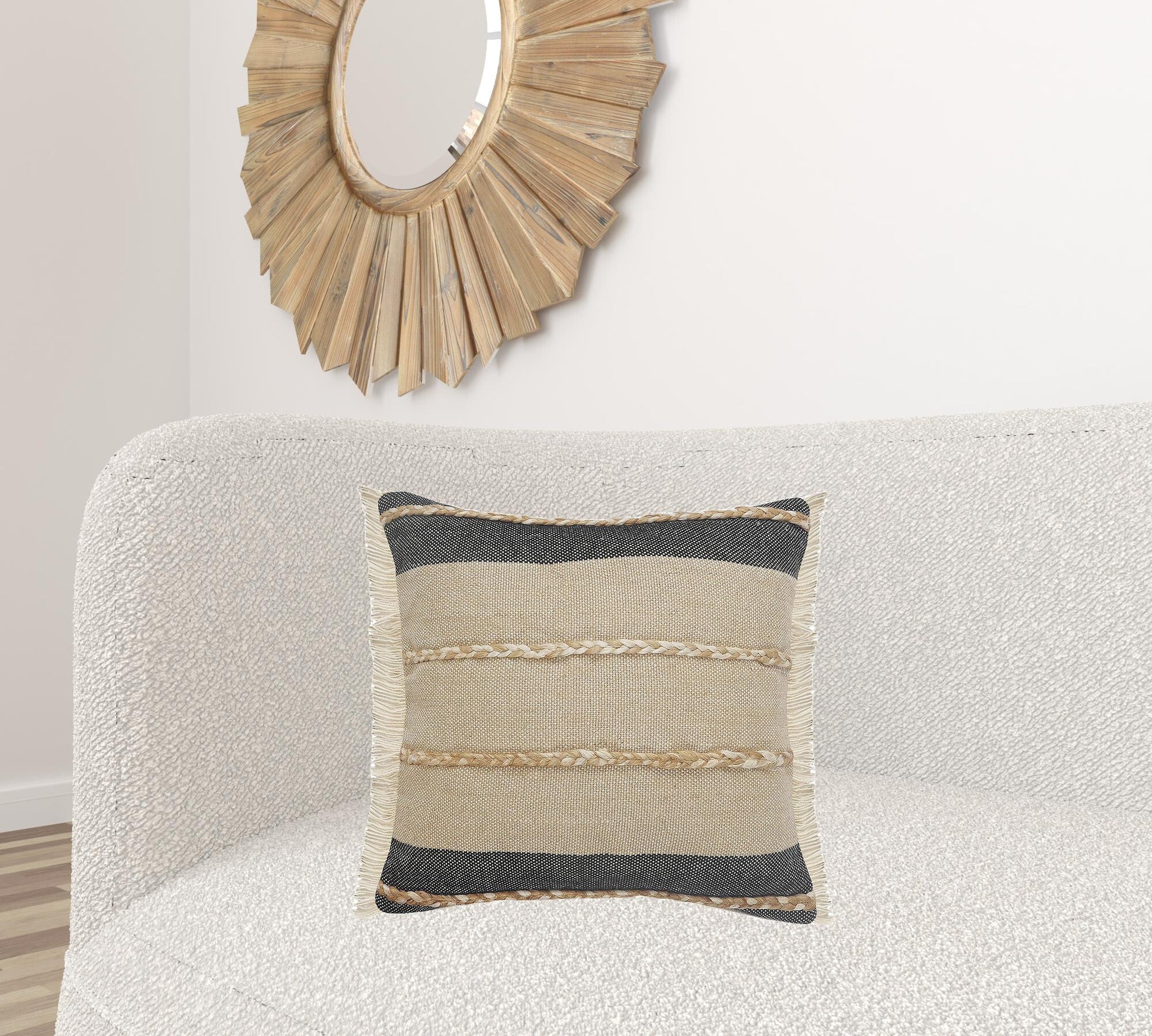 20" X 20" Beige And Ivory Jute Striped Zippered Pillow With Fringe - Galactic capuchin