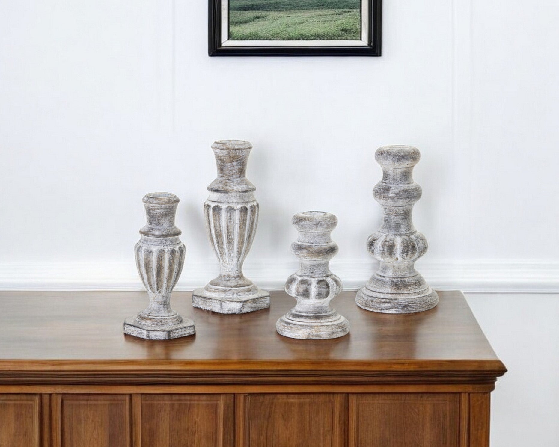Set of Four White Washed Resin Tabletop Candle Sticks - Galactic capuchin