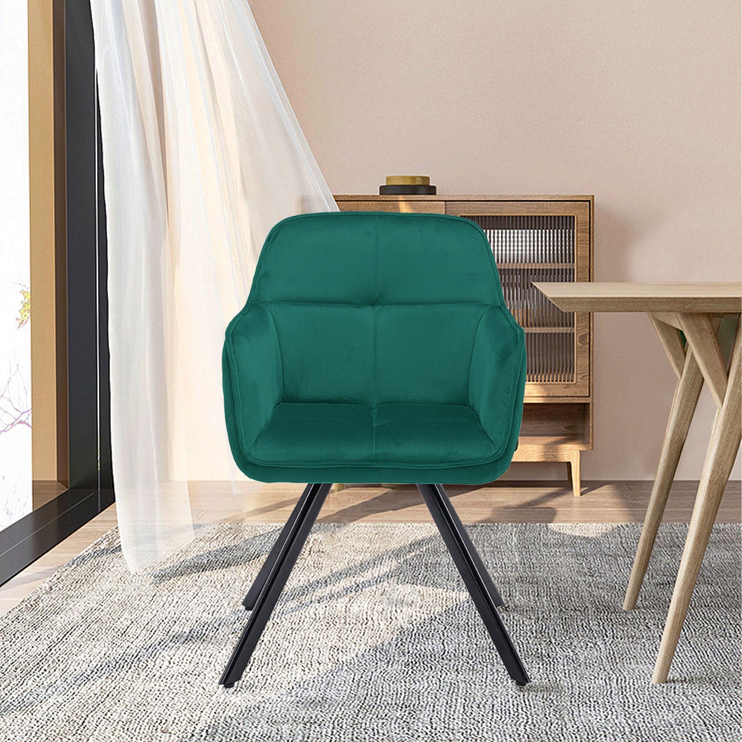 Tufted Green And Black Velvet and Metal Dining Arm Chair - Galactic capuchin
