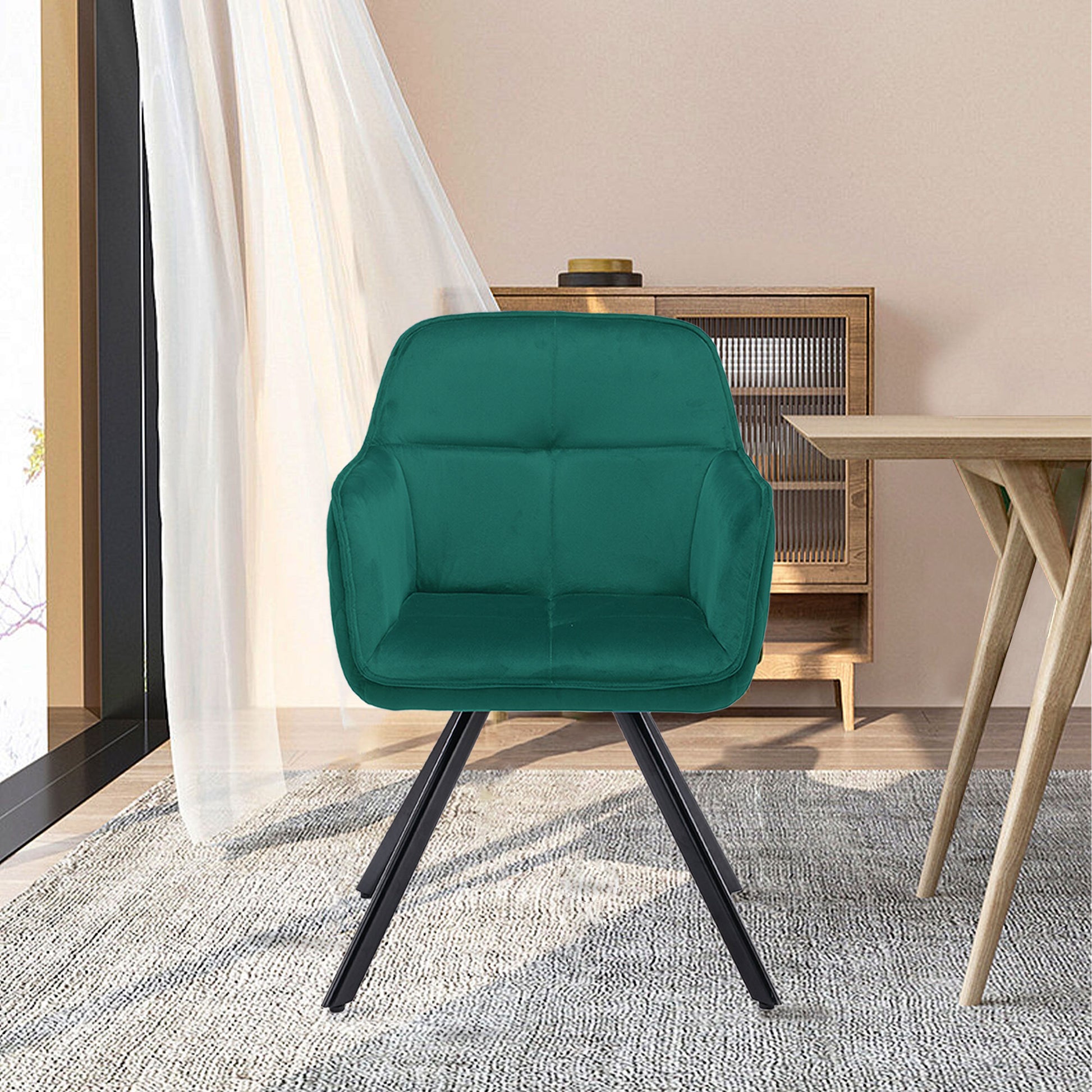 Tufted Green And Black Velvet and Metal Dining Arm Chair - Galactic capuchin