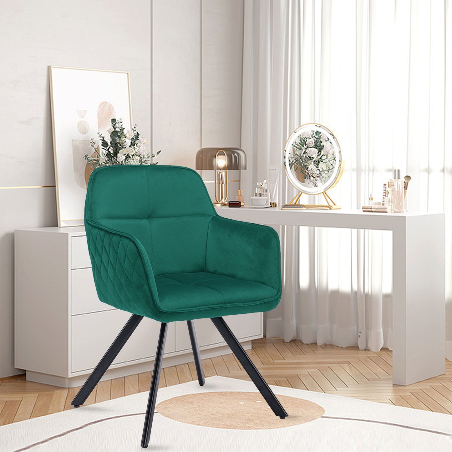 Tufted Green And Black Velvet and Metal Dining Arm Chair - Galactic capuchin