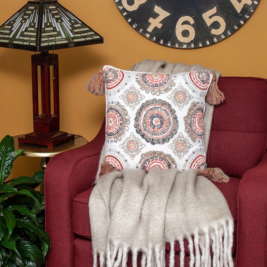18" Red and White Floral Cotton Throw Pillow With Embroidery, Tassels - Galactic capuchin