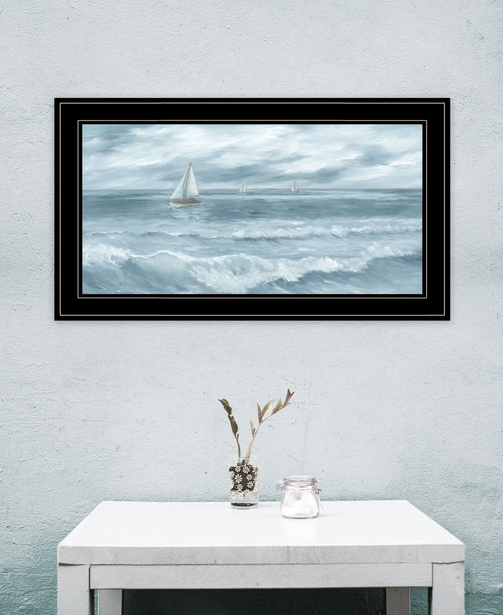 Three Sailboats Black Framed Print Wall Art - Galactic capuchin
