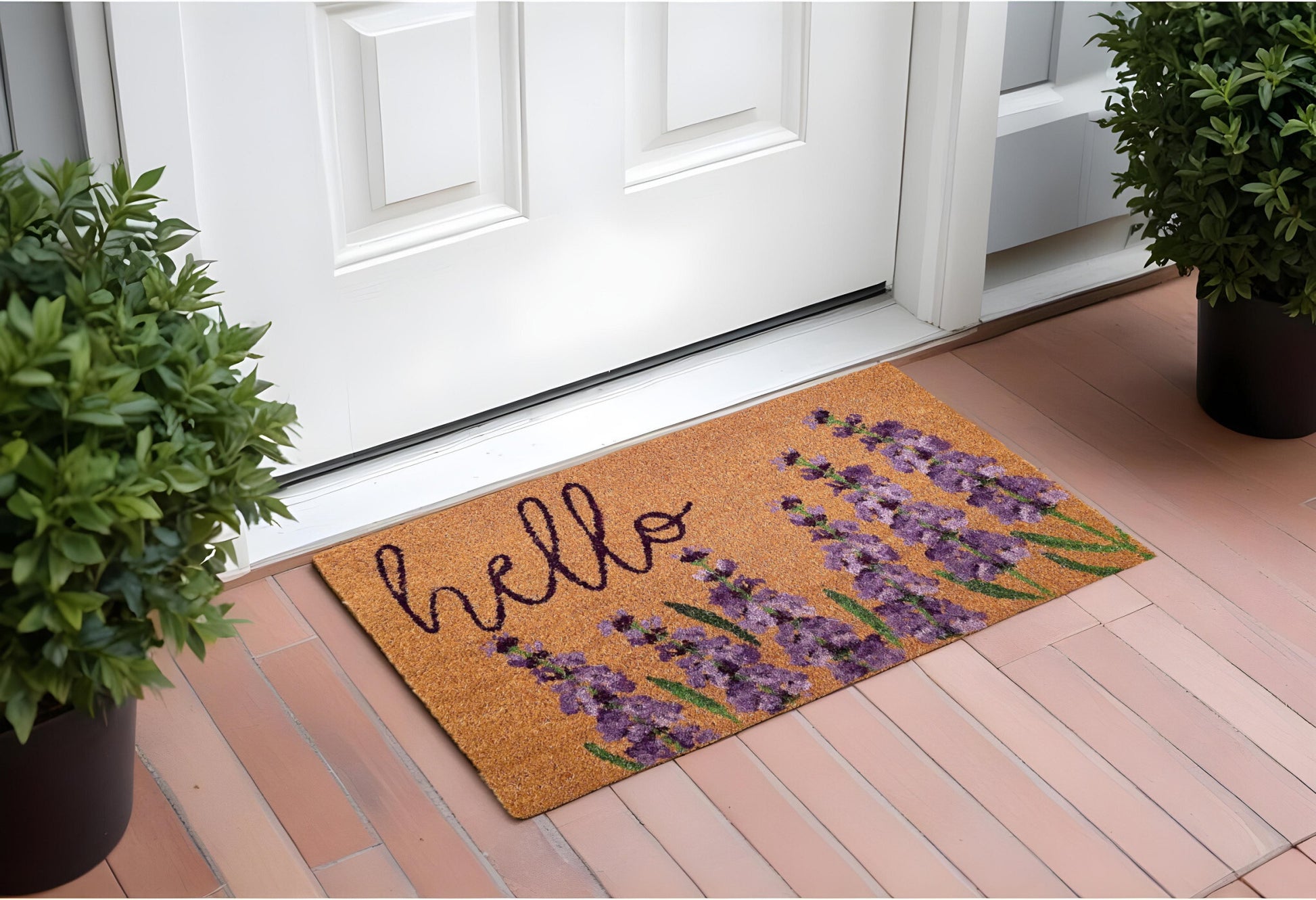 17" X 29" Natural Black and Purple Coir Floral Hello Outdoor Door Mat - Galactic capuchin