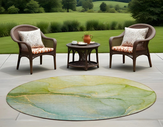 8' Round Green Round Abstract Washable Non Skid Indoor Outdoor Area Rug - Galactic capuchin