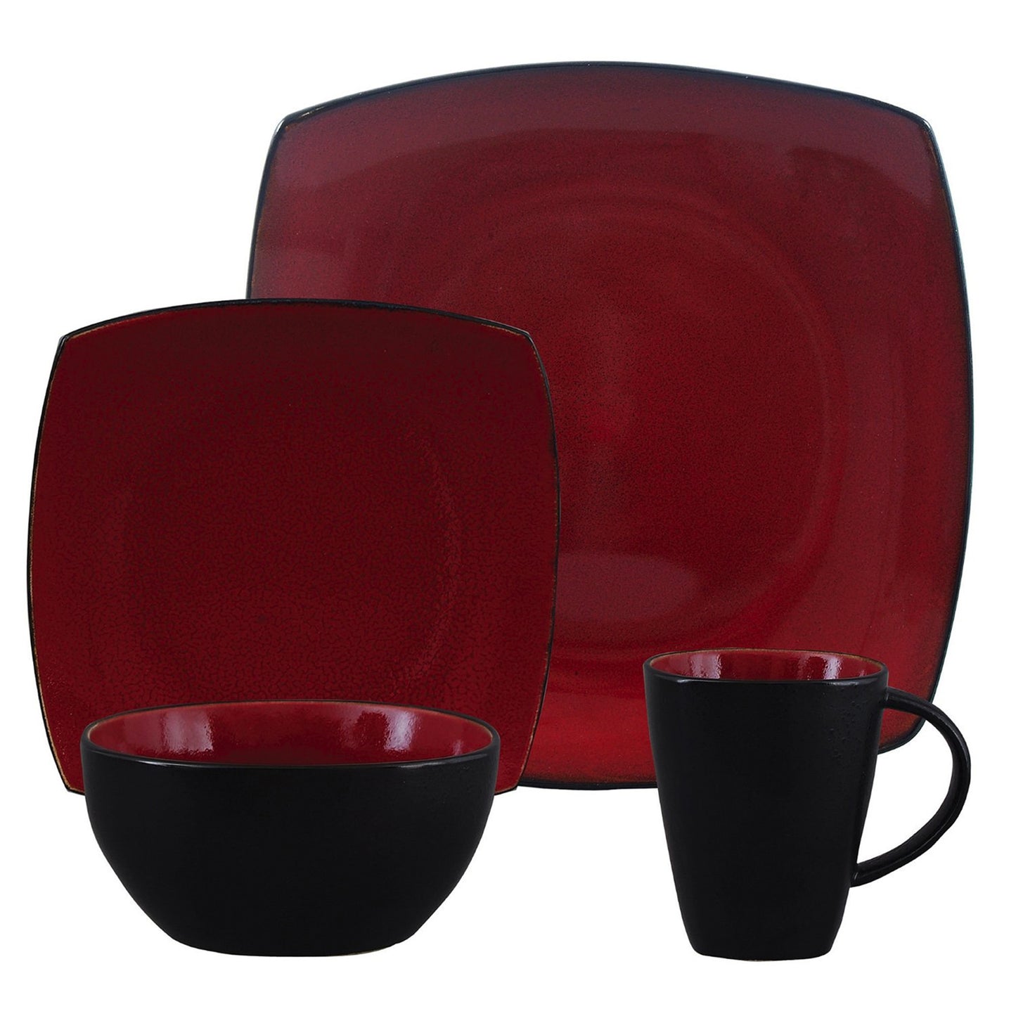 Gibson Soho Lounge 16 Piece Square Stoneware Dinnerware Set in Red and Black - Galactic capuchin