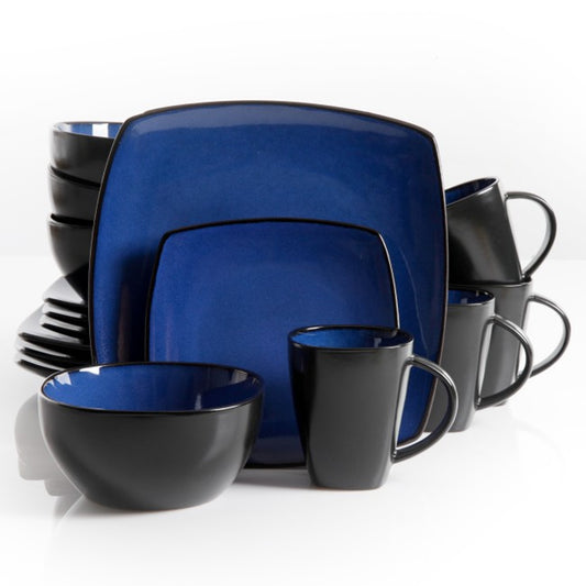 Gibson Soho Lounge 16 Piece Square Stoneware Dinnerware Set in Blue and Black - Galactic capuchin
