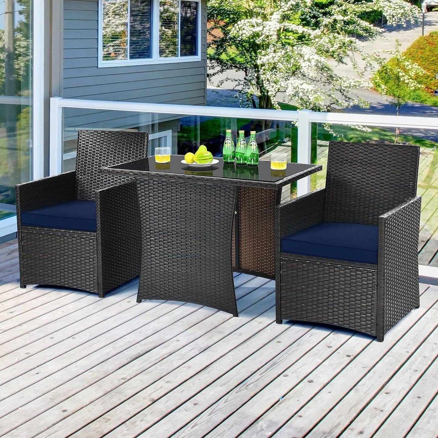 3 - Piece Patio Furniture Outdoor Dining Set Brown PE Rattan Navy Blue Cushions - Galactic capuchin