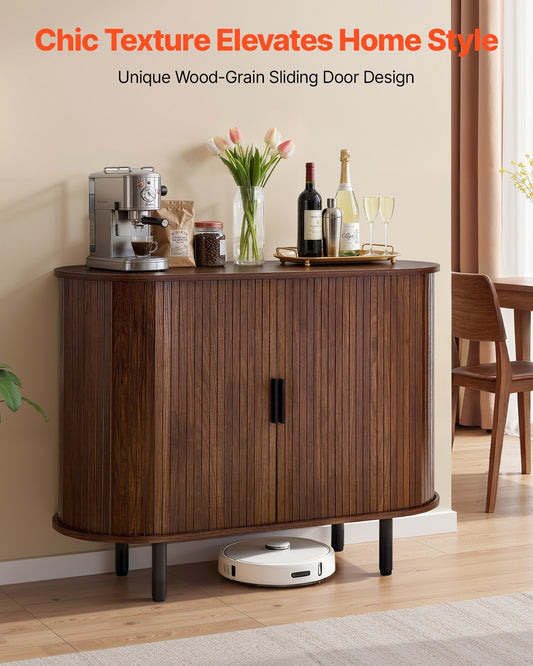 Coffee Bar Cabinet, Mid Century Fluted Coffee Bar Table, Buffet Stand Cabinet with 2 Sliding Doors, Sideboard Buffet Station for Living Room, Entryway, Kitchen, 39.3 x 15.7 x 29.5 in, Walnut - Galactic capuchin